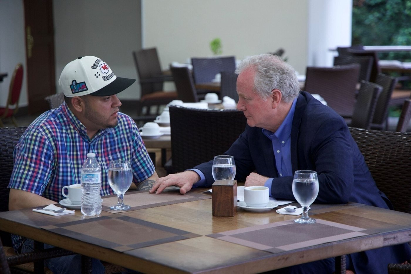 Senator Chris Van Hollen, Democrat of Maryland, meets Kilmar Abrego Garcia in El Salvador, 17 April 2025.
