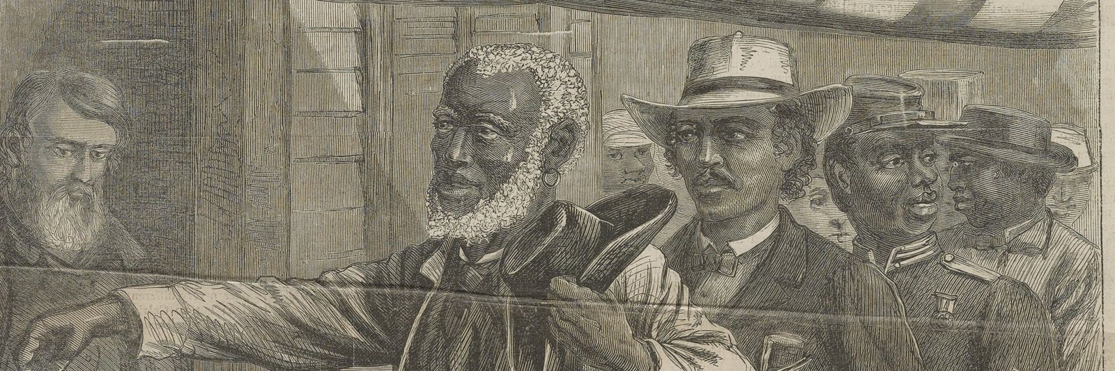 An 1867 engraving of Black men in a queue stepping up to cast their first votes