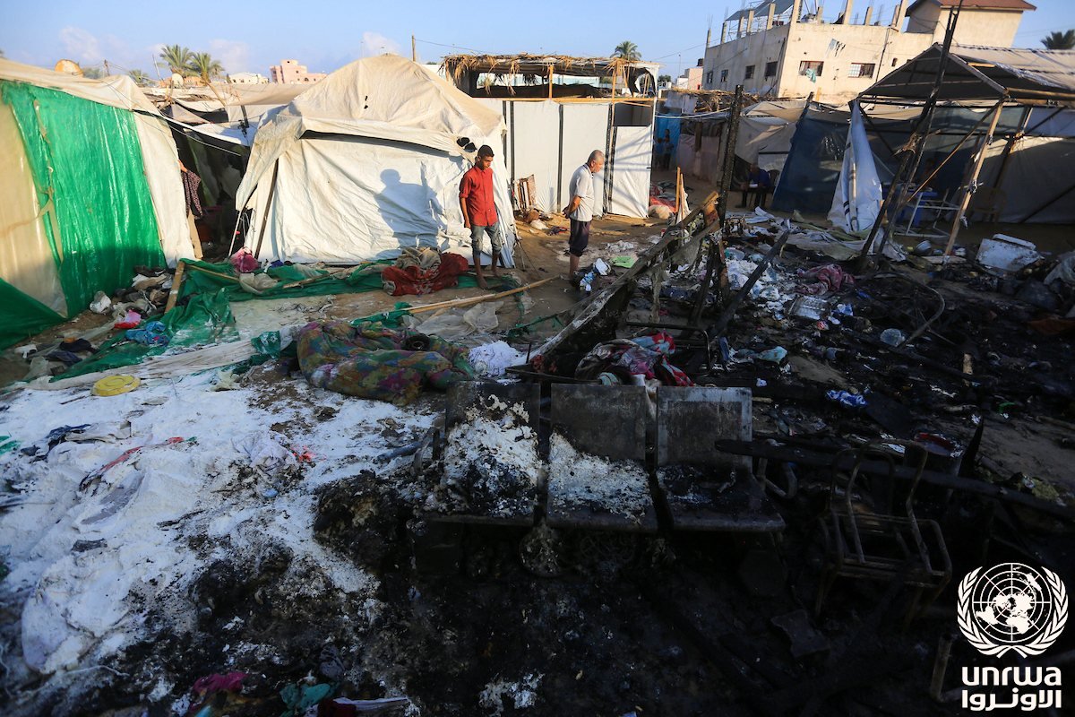The burned encampment for displaced families inside the hospital grounds after an Israeli strike, 4 August 2024.