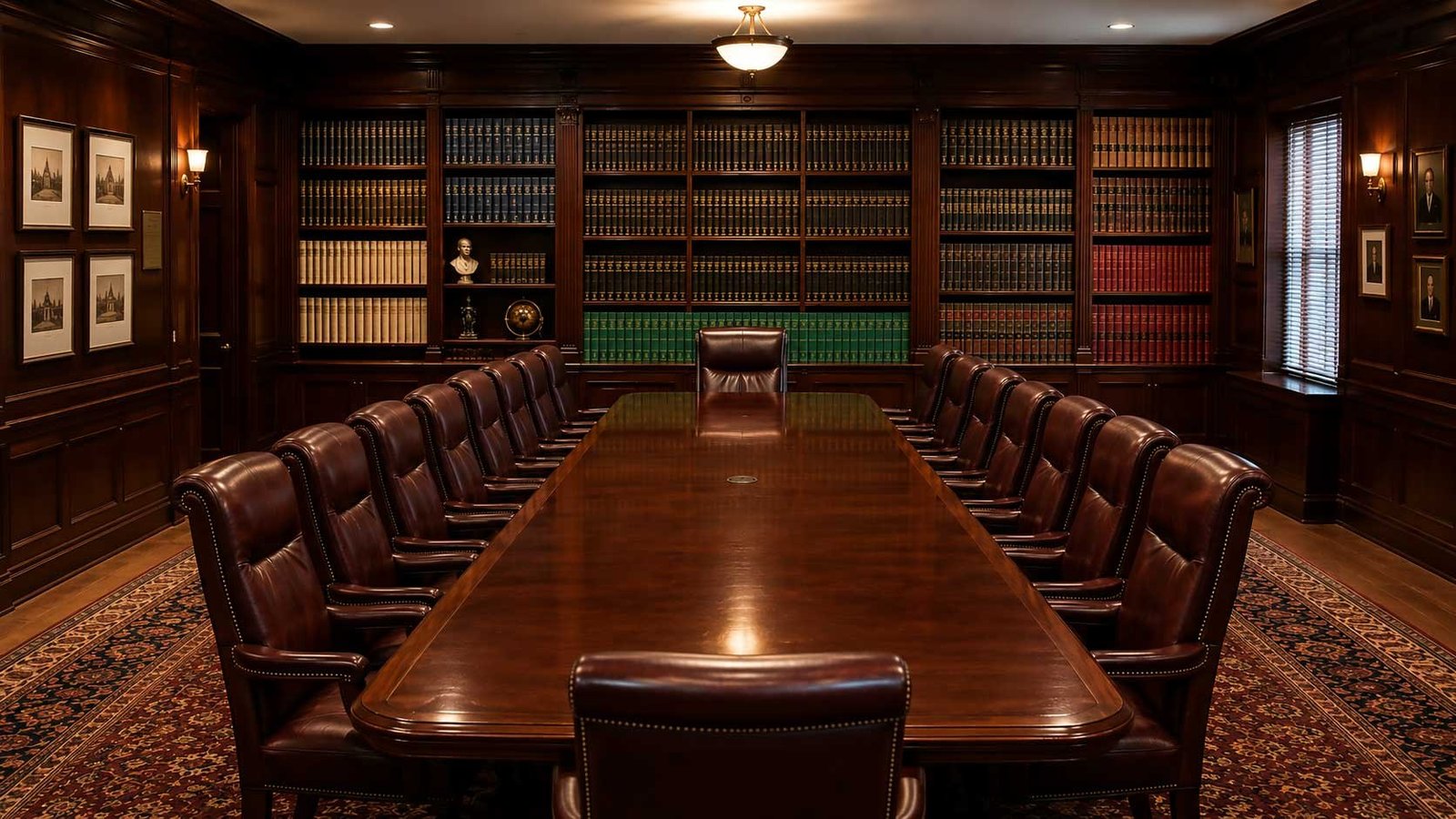 Wood-panelled seminar room with a long mahogany table, leather chairs, and shelves of uniform book sets